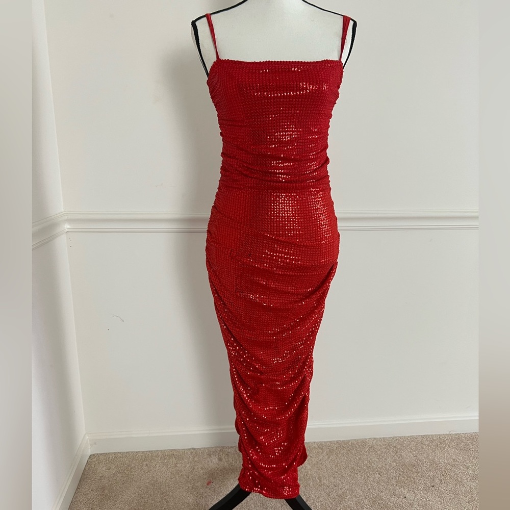 Red Sequin Metallic ruched dress